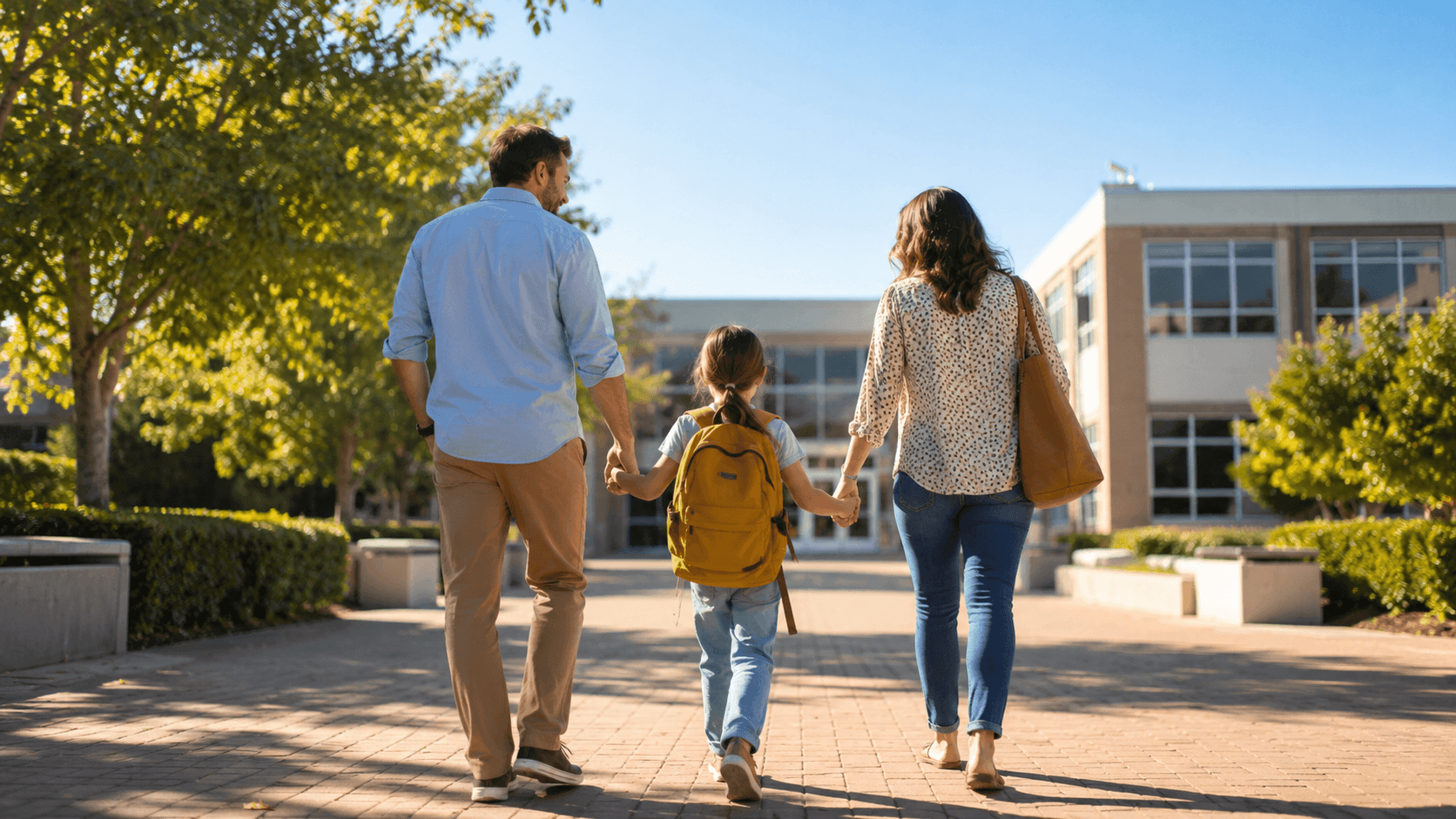 Okula doğru birlikte yürüyen mutlu bir aile